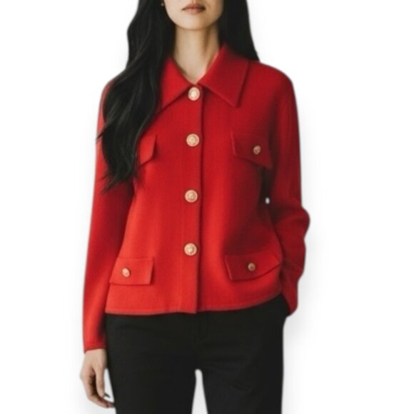 Laura by Alyzia Red Knit Button Jacket Size 14 Vintage USA Gold Crest Buttons - Picture 1 of 11